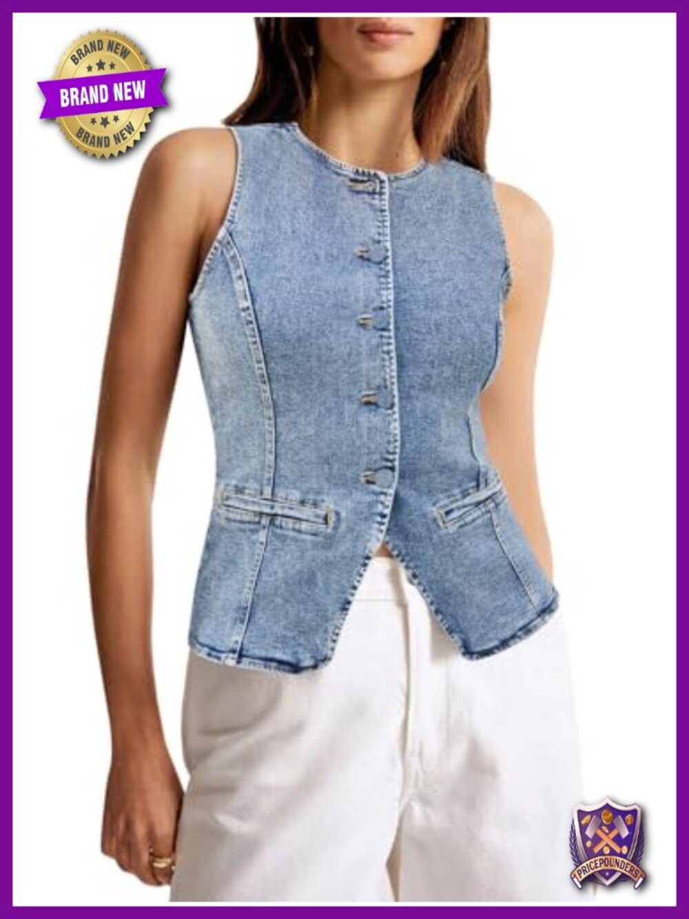 Womens Denim Button Down Sleeveless Fitted Vest